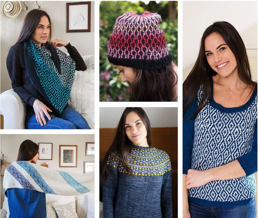 Mosaic crochet moodboard featuring various Mosaic inspiration designs: a shawl, hat, mosaic yoke pullover, mosaic front pullover, and wrap.