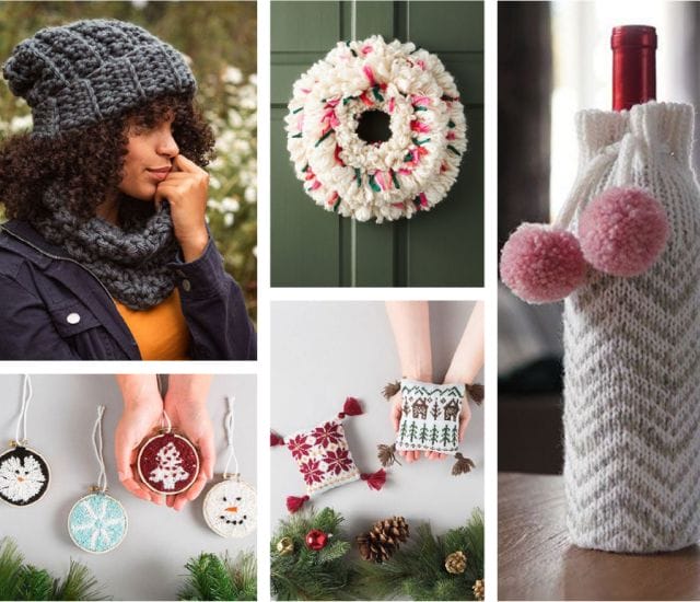 A moodboard featuring quick gift ideas like an oversize slouch hat, a wreath, ornaments, sachets, and wine bottle cozy.