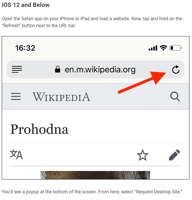 A screenshot of how to switch a mobile view in Safari to a desktop view - for iphones. Text says: "iOS 12 and Below Open the Safari app on your iPhone or iPad and load a website. Now, tap and hold on the “Refresh” button next to the URL bar. You’ll see a popup at the bottom of the screen. From here, select “Request Desktop Site.” "