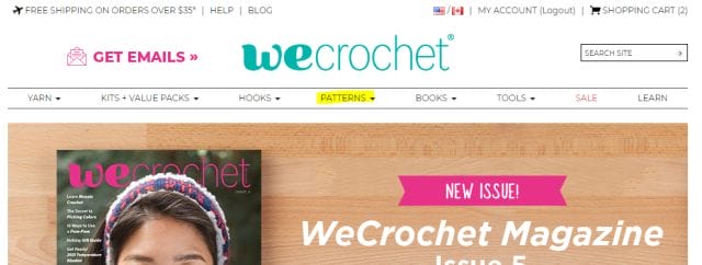 A screenshot of crochet.com's front landing page with the Patterns tab highlighted