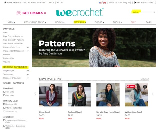 A screenshot of crochet.com's Patterns page with the search box highlighted, the Patterns tab highlighted, and the Browse Categories navigation on the left side highlighted