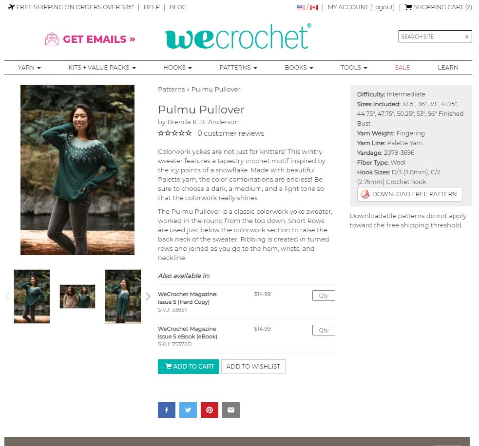 A screenshot of crochet.com's Pulmu Pullover pattern page