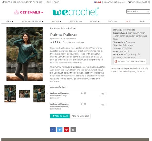 A screenshot of crochet.com's Pulmu Pullover pattern page