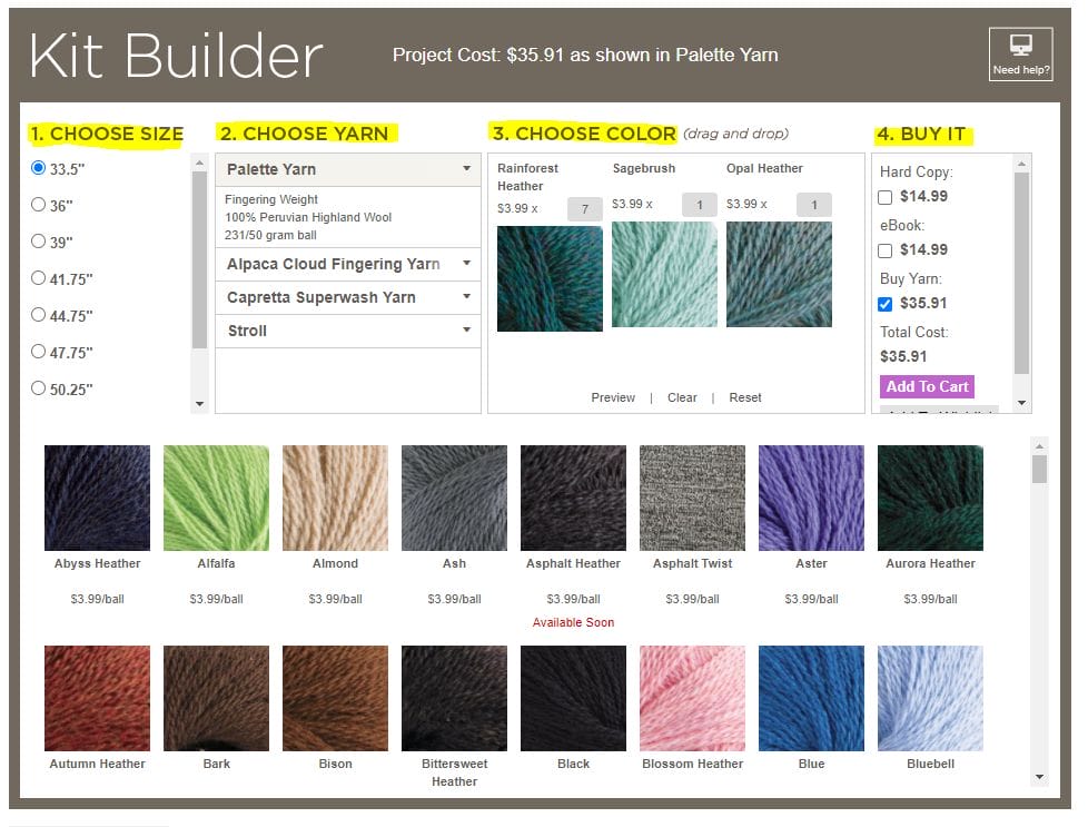 A screenshot of crochet.com's Kit Builder at the bottom of the Pulmu Pullover pattern page. It has four sections which are highlighted: 1. Choose Size, 2. Choose yarn, 3. Choose Color, and 4. Buy It.