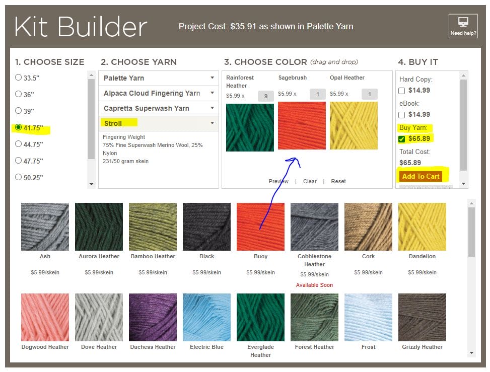 A screenshot of crochet.com's Kit Builder with a size highlighted in the "choose size" area, with Stroll yarn highlighted in the "choose yarn" area, and with an arrow drawn from a yarn thumbnail below up to the "Choose color" section. In the "Buy It" section, highlighted are the Buy Yarn for $65.89 and Add to Cart buttons