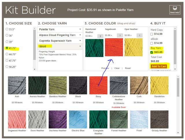 A screenshot of crochet.com's Kit Builder with a size highlighted in the "choose size" area, with Stroll yarn highlighted in the "choose yarn" area, and with an arrow drawn from a yarn thumbnail below up to the "Choose color" section. In the "Buy It" section, highlighted are the Buy Yarn for $65.89 and Add to Cart buttons