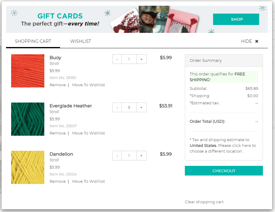 A screenshot of yarn in a virtual shopping cart from crochet.com