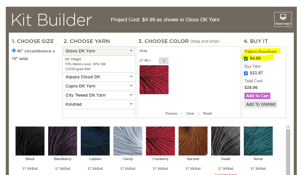 Kit Builder page showing that a Pattern Download is checked by default when building a kit for a paid pattern