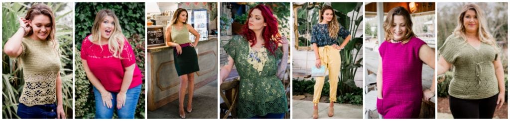 A collage of all 7 garments from the Spring 2021 Crochet Foundry collection. From left to right: a green lacy sweater, a hot pink sweater, a green crocheted dress, a green lacy cardigan, a blue boatneck top, a fuchsia minidress, a light green v-neck top