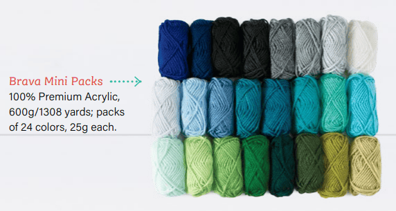 Brava mini packs: A photo of a lot of blue and green mini skeins of Brava yarn on a white background. Text that says "100% Premium Acrylic, 600g/1308 yards; packs of 24 colors, 25g each"