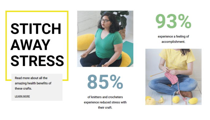 An infographic that says "Stitch Away Stress -- Read more about all the amazing health benefits of these crafts. Learn more (click on image). A woman sits on a yoga mat in a meditation pose. Underneath, text that says "85% of knitters and crocheters experience reduced stress ...
</p>
<p>The post <a href=