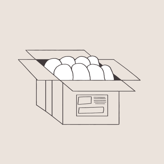 A drawing of yarn balls in a cardboard box
