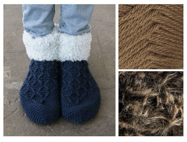 A pair of feet wearing crocheted slippers with a fur cuff. 2 thumbnails of yarn: Brown & brown fur