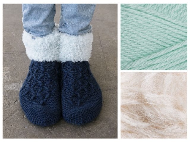 A pair of feet wearing crocheted slippers with a fur cuff. 2 thumbnails of yarn: Mint and White fur