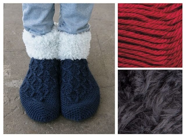 A pair of feet wearing crocheted slippers with a fur cuff. 2 thumbnails of yarn: Red and dark gray fur