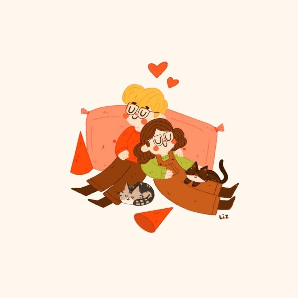 An illustration of a guy, a girl, and a cat snuggling 