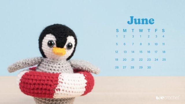 Calendar for the month of June with an amigurumi penguin and their inner tube
