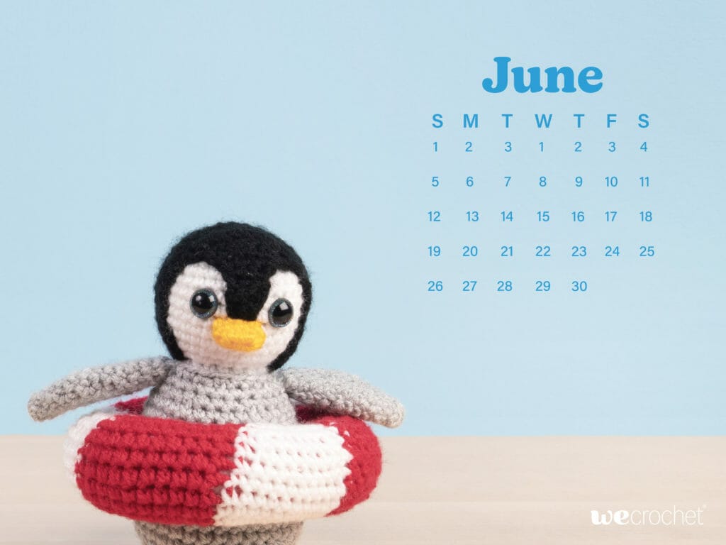 Calendar for the month of June with an amigurumi penguin and their inner tube