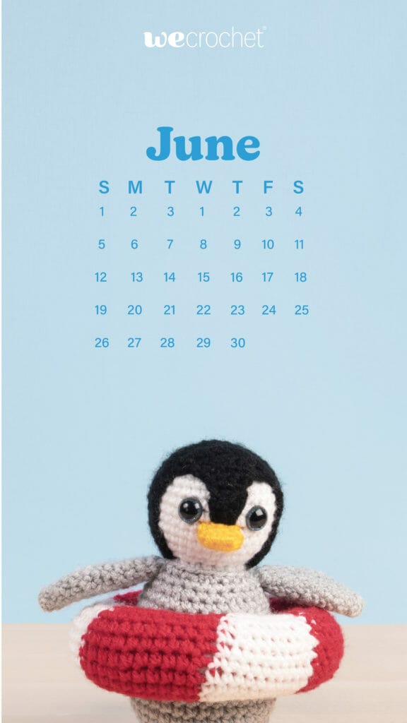 Calendar for the month of June with an amigurumi penguin and their inner tube